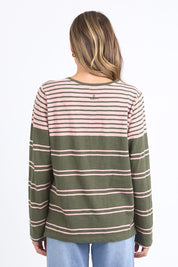 A model wearing the Lexa Stripe Long Sleeve Cotton Tee in colour Cloverpink, from the back