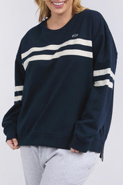 A model wearing the Adora Cotton Blend Crew in colour Drksapphir (Blue), from the front, cropped image