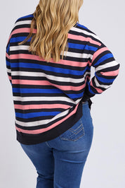 A model wearing the Logan Stripe Knit in colour Navy (Blue), from the back