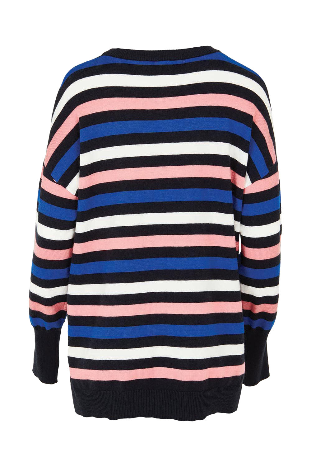Product shot of the Logan Stripe Knit in colour Navy (Blue), from the back