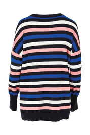 Product shot of the Logan Stripe Knit in colour Navy (Blue), from the back