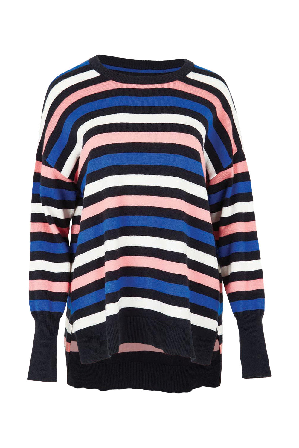 Product shot of the Logan Stripe Knit in colour Navy (Blue), from the front