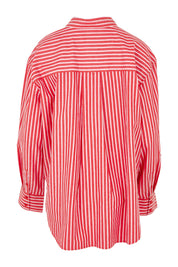Product shot of the Frankie Striped Cotton Shirt in colour Cayenestri (Red), from the back