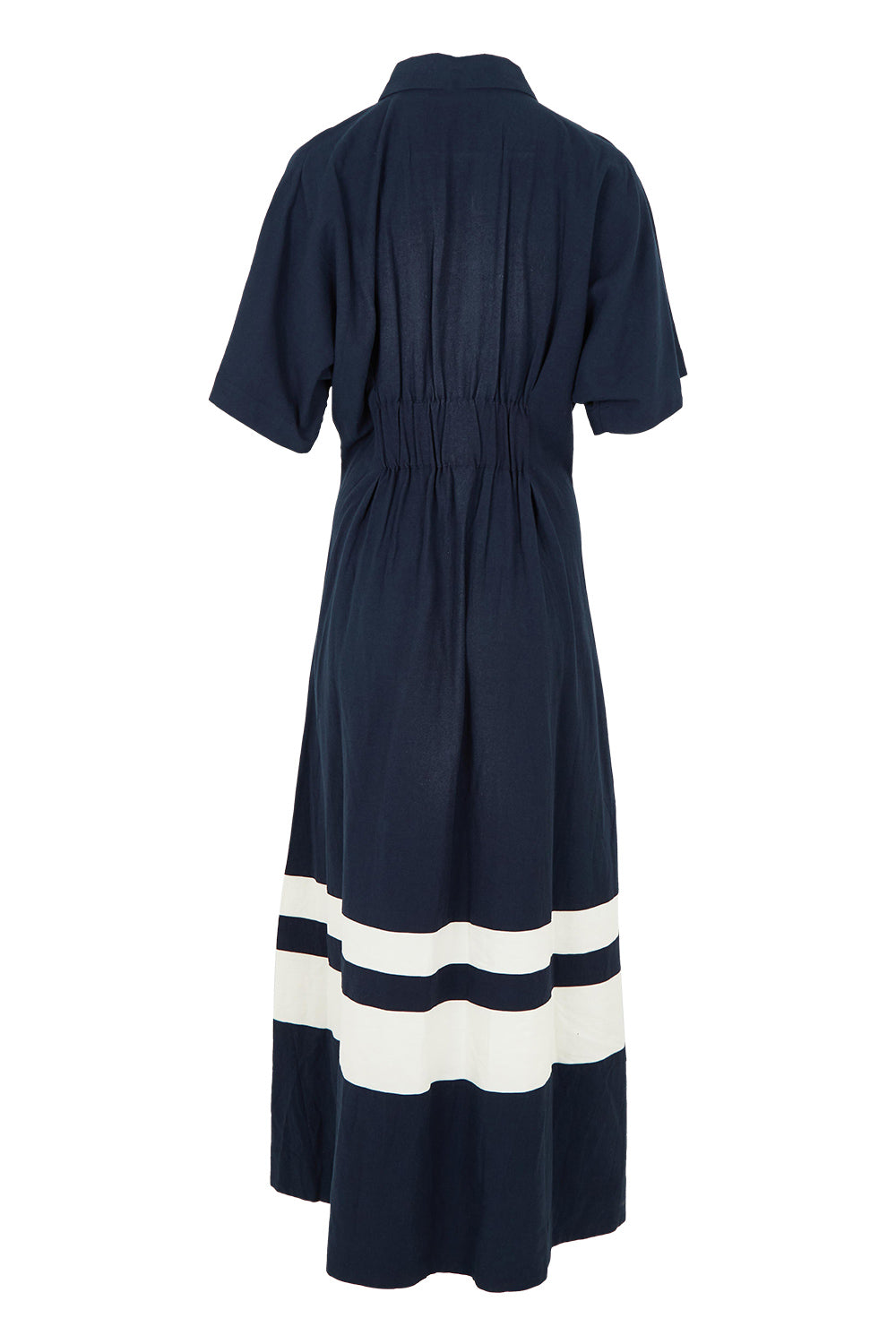 Product shot of the Scarlett Cotton Blend Midi Dress in colour Navystripe (Blue), from the back
