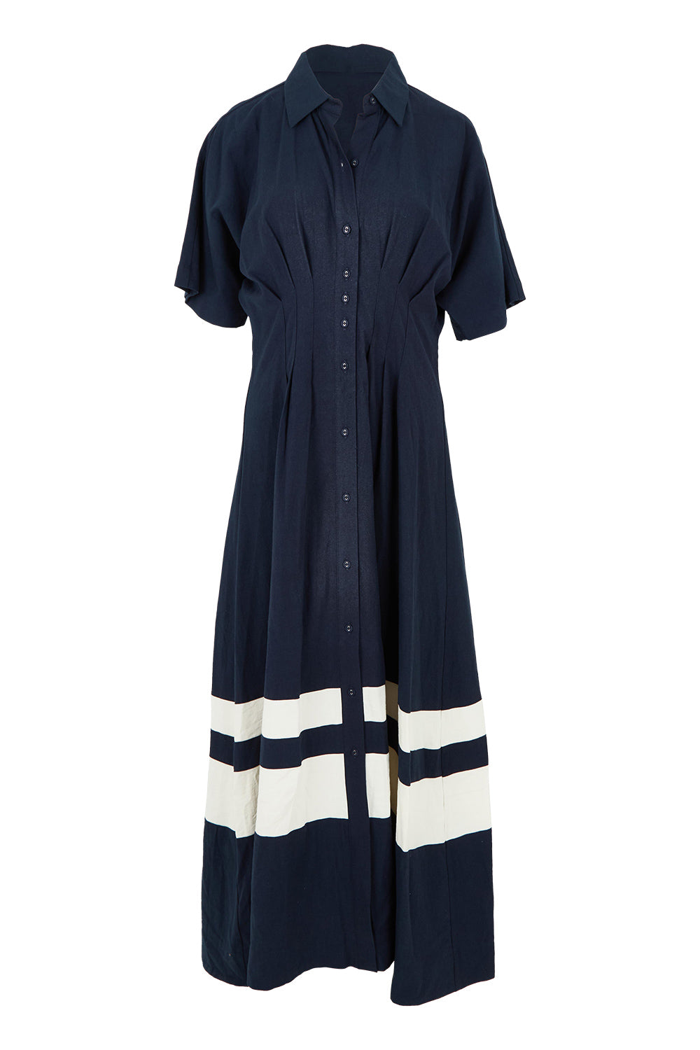 Product shot of the Scarlett Cotton Blend Midi Dress in colour Navystripe (Blue), from the front