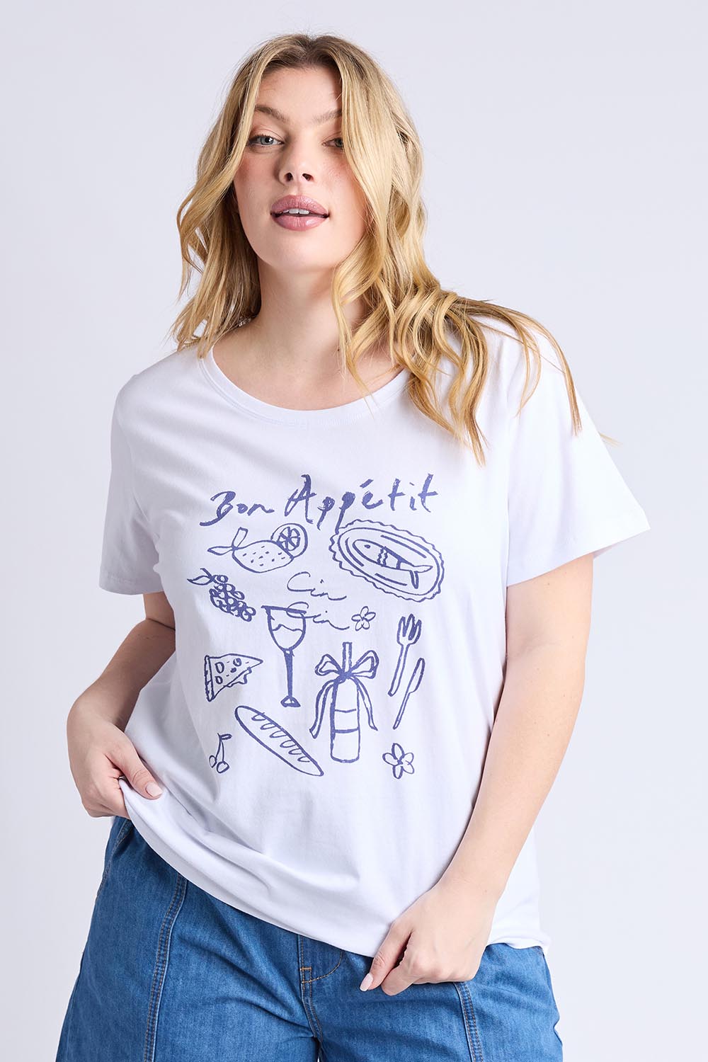 A model wearing the Bon Appetit Cotton Tee in colour White (White), from the front, cropped image