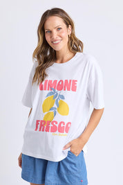 A model wearing the Limone Fresco Cotton Tee in colour White (White), from the front, cropped image