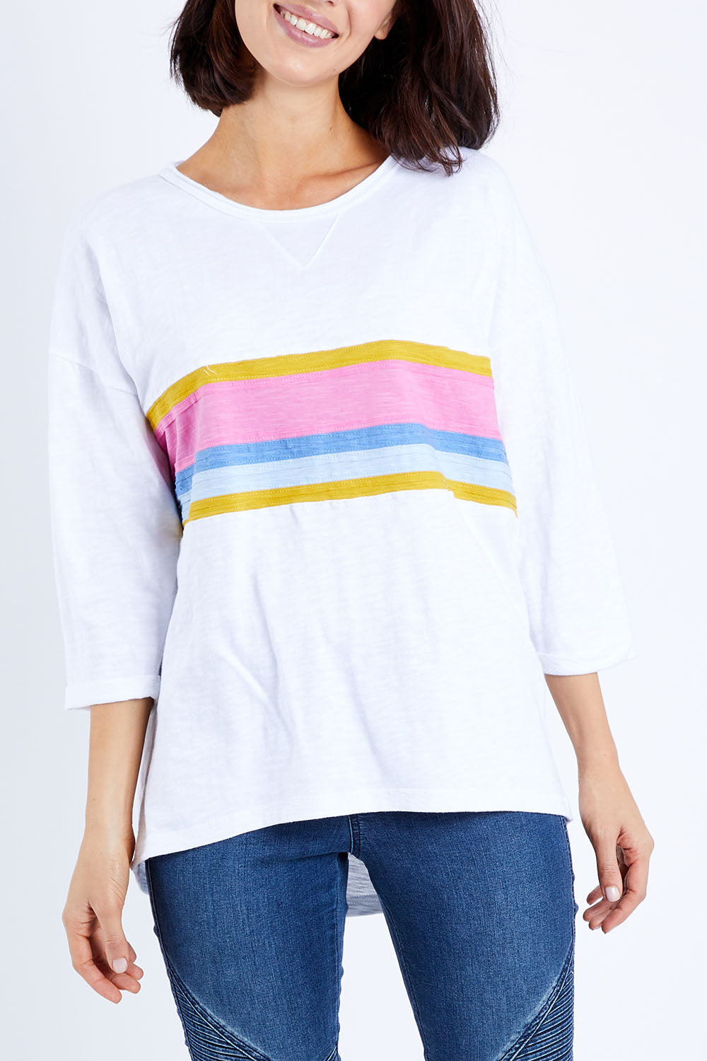 Model Andrea wearing size 10 of the Sunset Sweat in colour White (White), from the front, cropped image