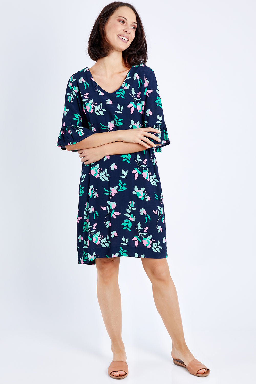 Model Andrea wearing size 10 of the Magnolia Shift Dress in colour Navy (Blue), from the front, showing the whole outfit