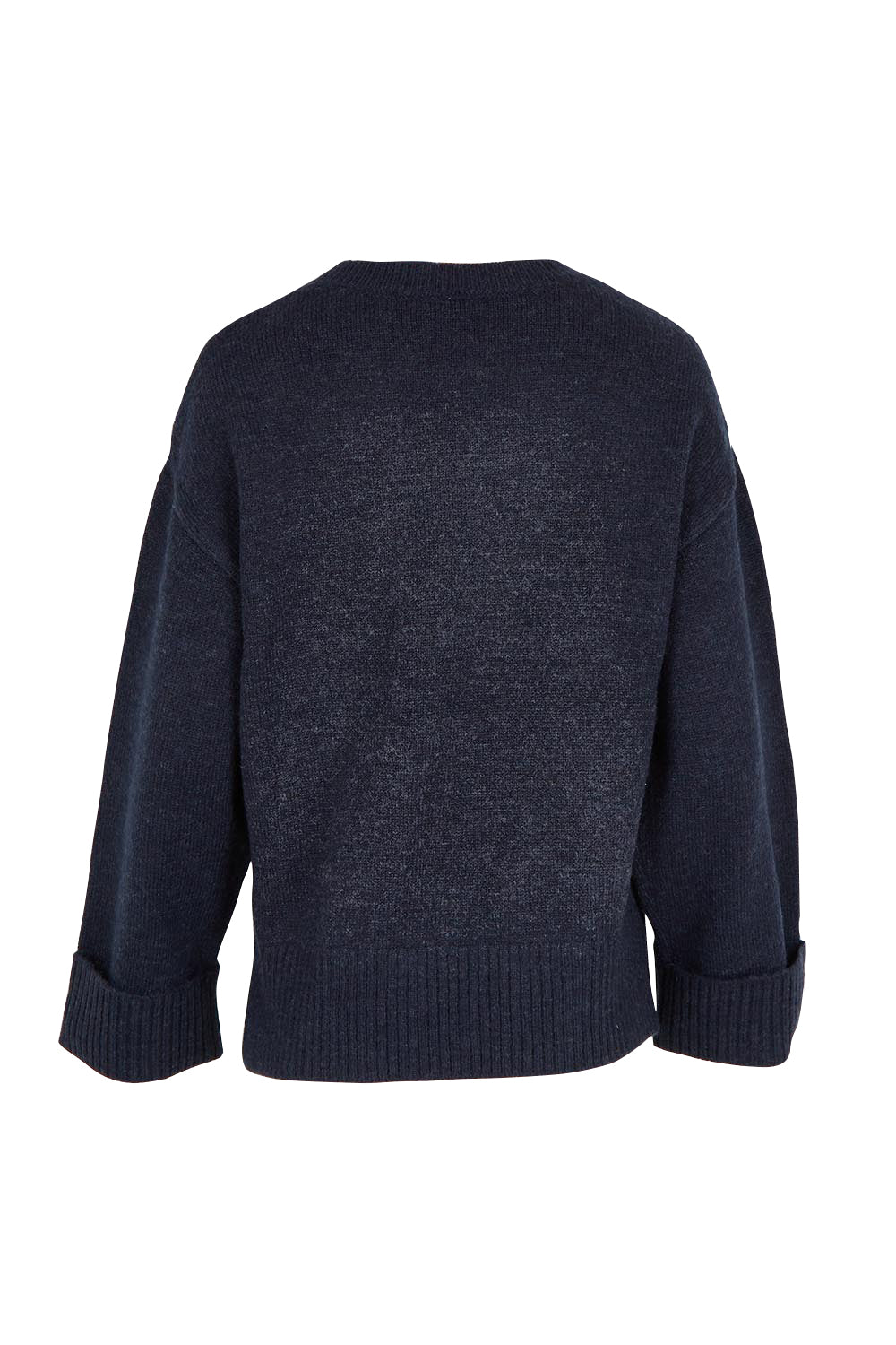 Product shot of the Intersia Heart Knit in colour Navy (Blue), from the back