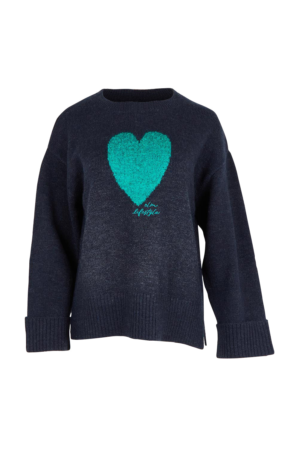 Product shot of the Intersia Heart Knit in colour Navy (Blue), from the front