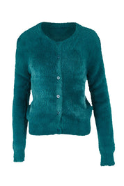 Product shot of the Paris Cardigan in colour Teal (Green), from the front