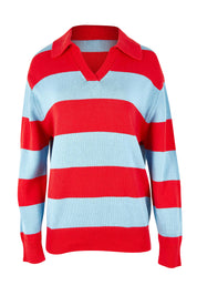 Product shot of the Striped Cotton Polo Knit in colour Brightred, from the front