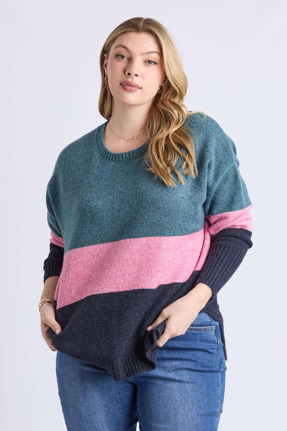 A model wearing the Cory Stripe Knit in colour Multi, from the front, cropped image