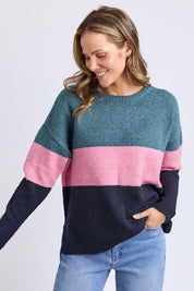 A model wearing the Cory Stripe Knit in colour Multi, from the front, cropped image