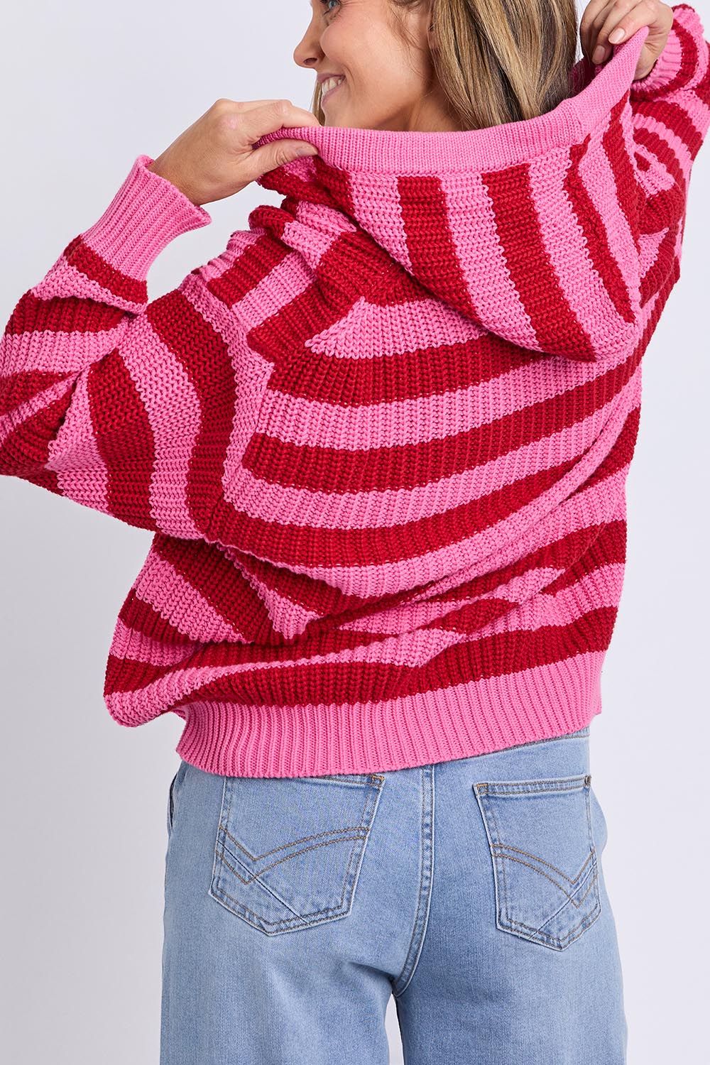 Stripe Cotton Hooded Knit – Cranberry