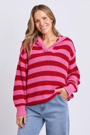 Stripe Cotton Hooded Knit – Cranberry