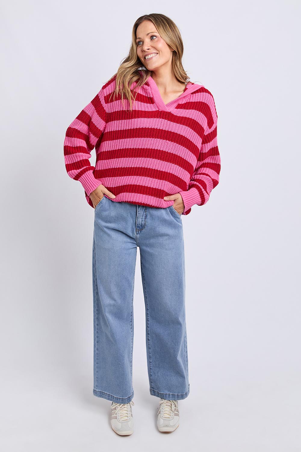 Stripe Cotton Hooded Knit – Cranberry