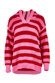 Stripe Cotton Hooded Knit – Cranberry