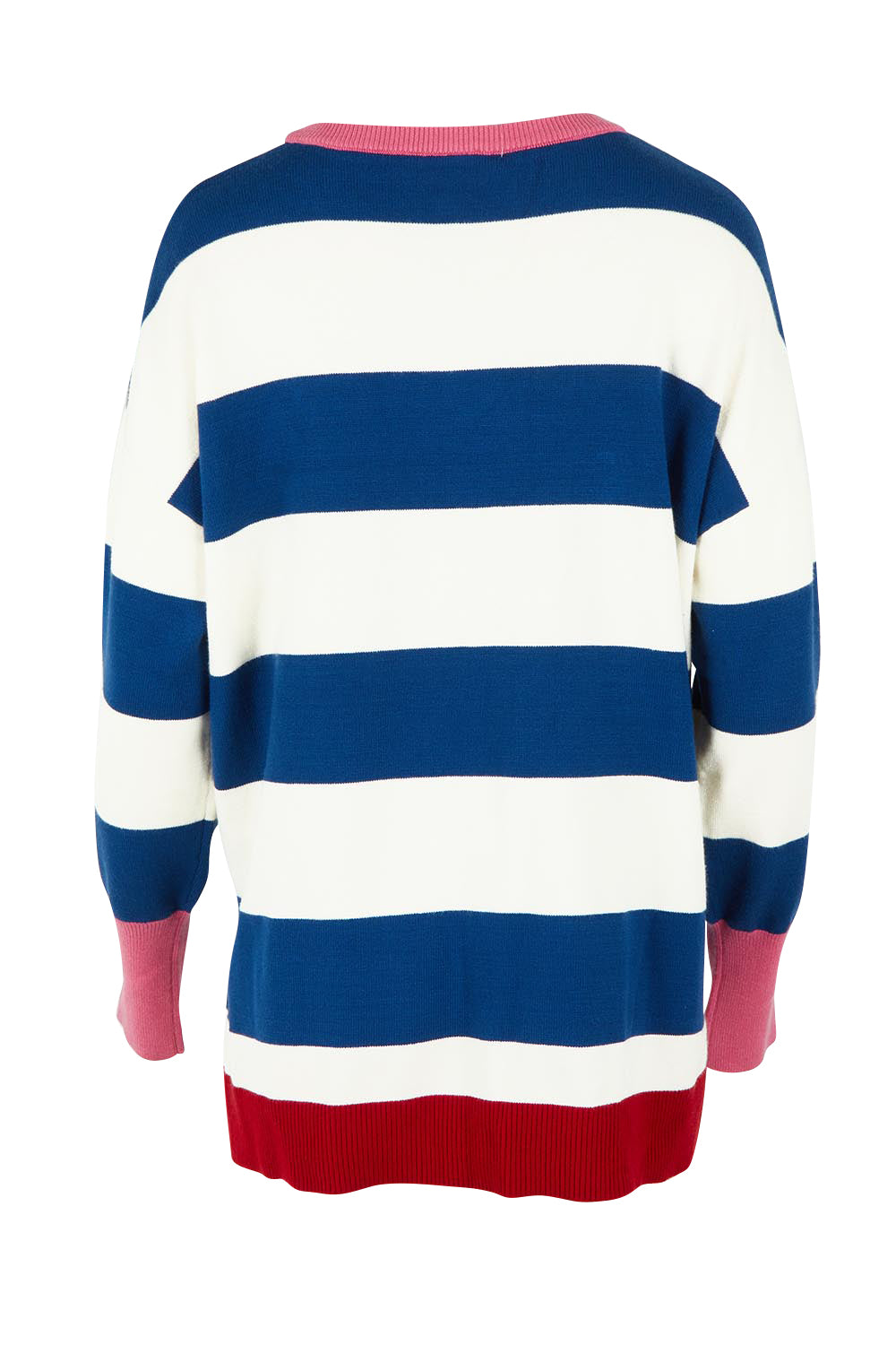 Product shot of the Elvie Block Stripe Knit in colour Navystripe, from the back