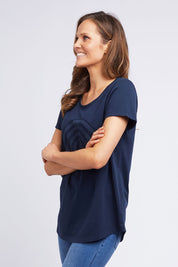 A model wearing the Crescent SS Tee in colour Navy (Green), from the front, cropped image