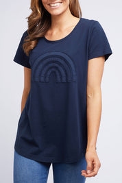 A model wearing the Crescent SS Tee in colour Navy (Green), from the front, cropped image
