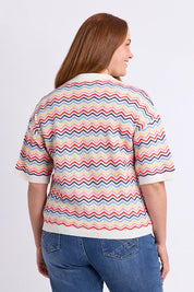 Model Genericm wearing size sample of the Market Morning Knit Polo – Multistrip in colour Multistrip, from the back