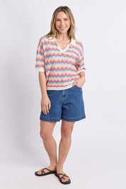 Model Genericm wearing size sample of the Market Morning Knit Polo – Multistrip in colour Multistrip, from the front