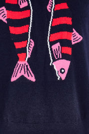 Product shot of the Fishy Intersia Vest – Chinablue in colour Chinablue, showing detail