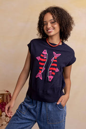 Model Genericm wearing size sample of the Fishy Intersia Vest – Chinablue in colour Chinablue, in a cropped view