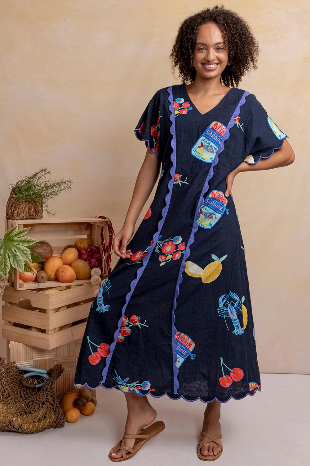 Model Genericm wearing size sample of the Market Dress – Navymarket in colour Navymarket, from the front