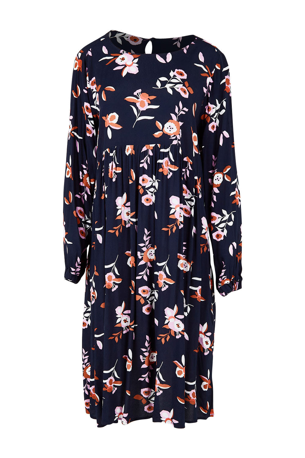 Product shot of the Sloanne Floral Dress in colour Navy (Blue), from the front
