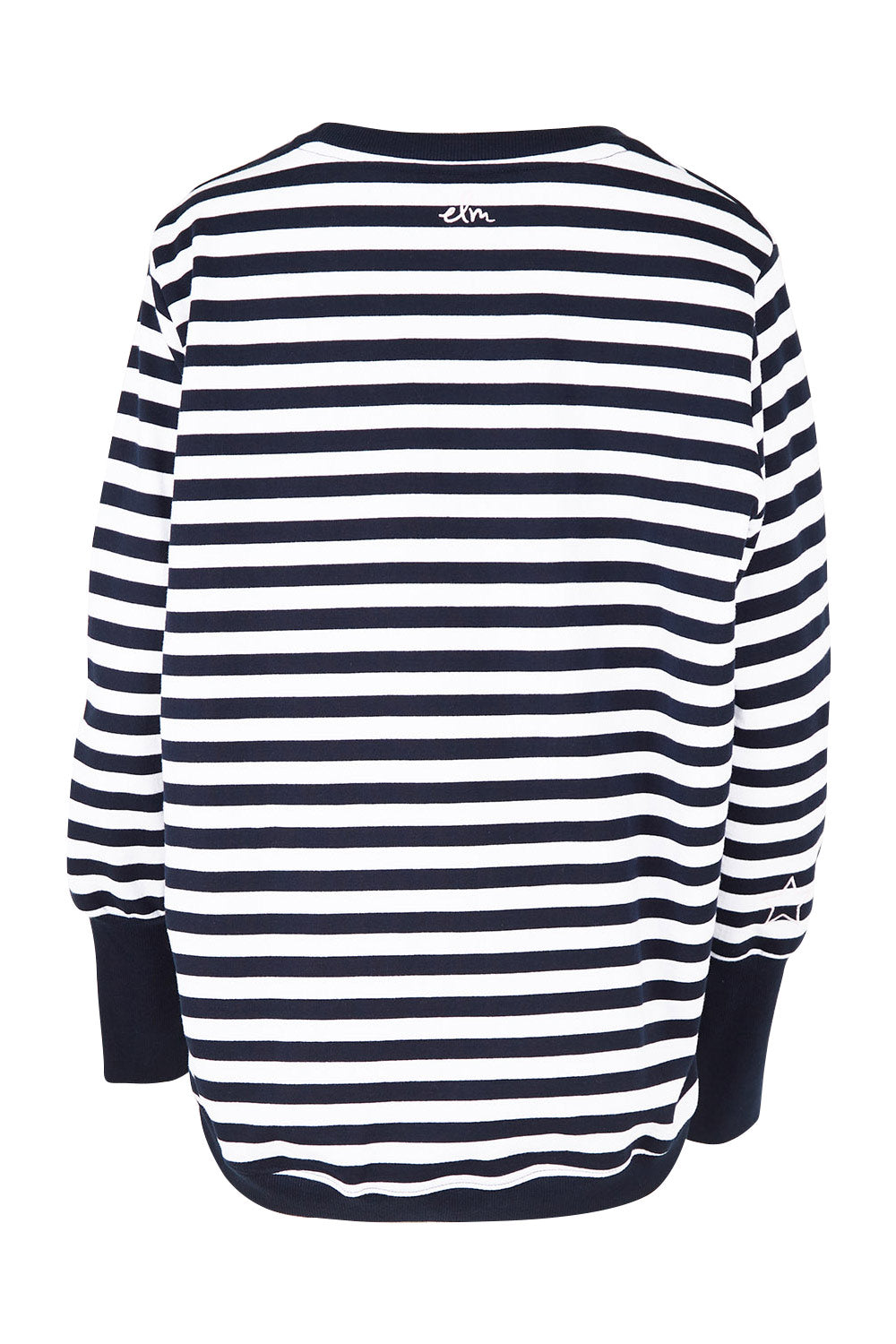 Product shot of the Kayla Crew in colour Navystri (Blue), from the back