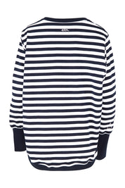 Product shot of the Kayla Crew in colour Navystri (Blue), from the back