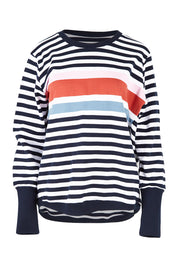 Product shot of the Kayla Crew in colour Navystri (Blue), from the front