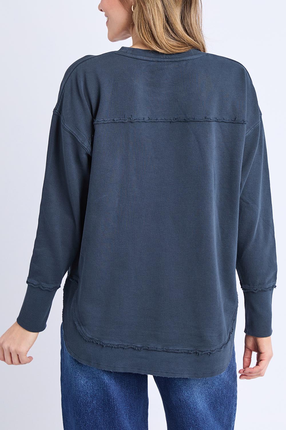 Model Genericm wearing size sample of the Lovisa Cotton Crew – Navy in colour Navy, from the back