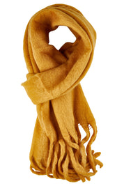 Product shot of the Cosy Scarf in colour Mustard, from the front
