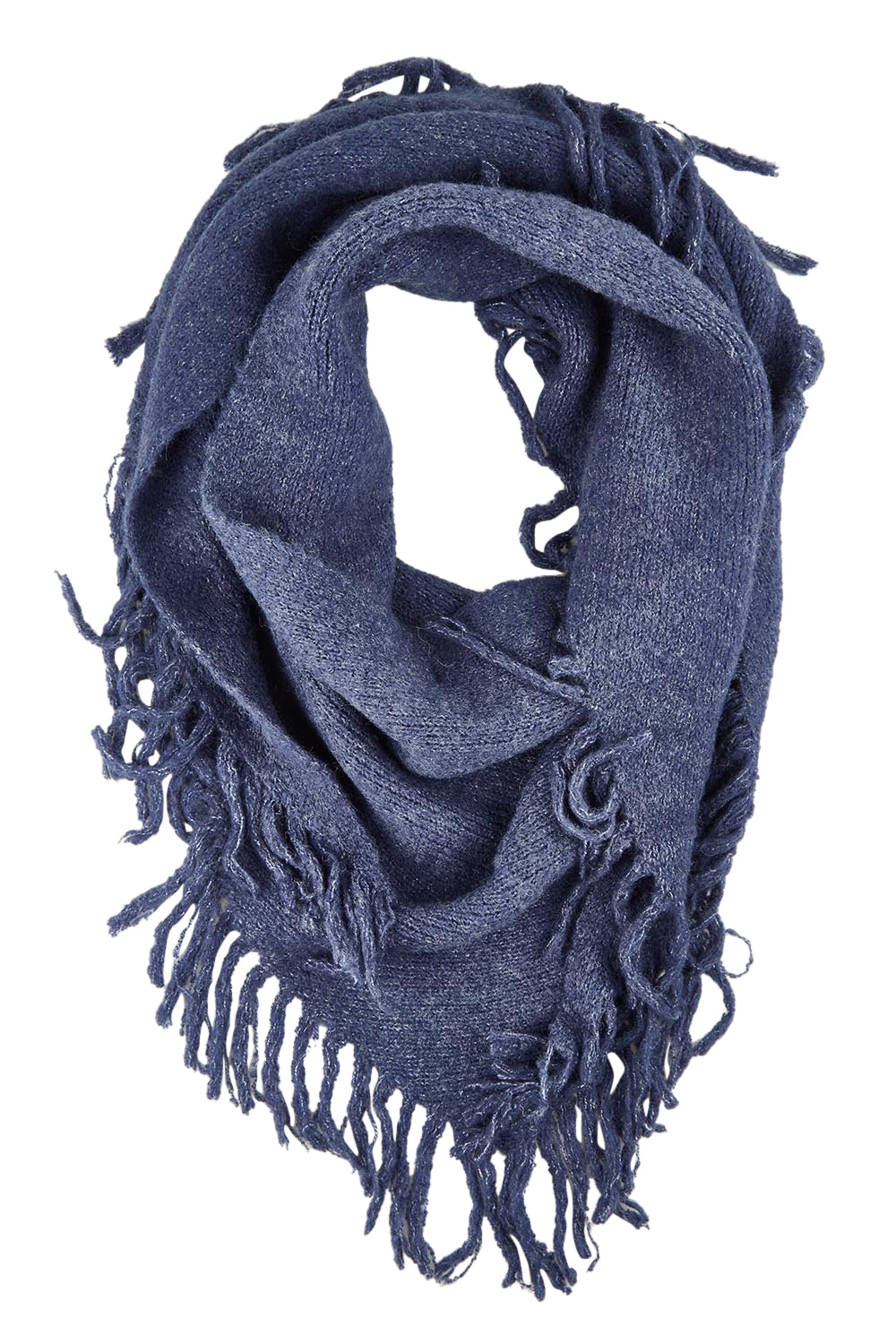 Product shot of the Fringed Triangle Scarf in colour Navy (Blue), from the front
