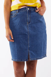 A model wearing the Chloe Denim Skirt in colour Midblue (Blue), from the front, cropped image