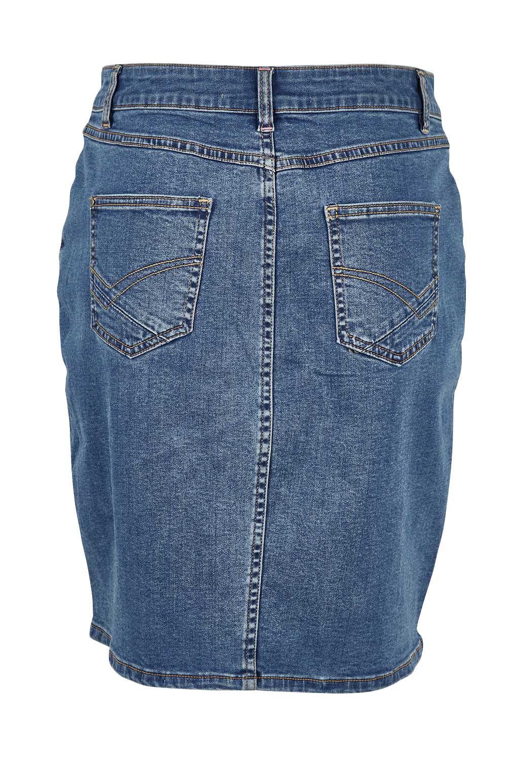 Product shot of the Chloe Denim Skirt in colour Midblue (Blue), from the back
