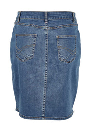 Product shot of the Chloe Denim Skirt in colour Midblue (Blue), from the back