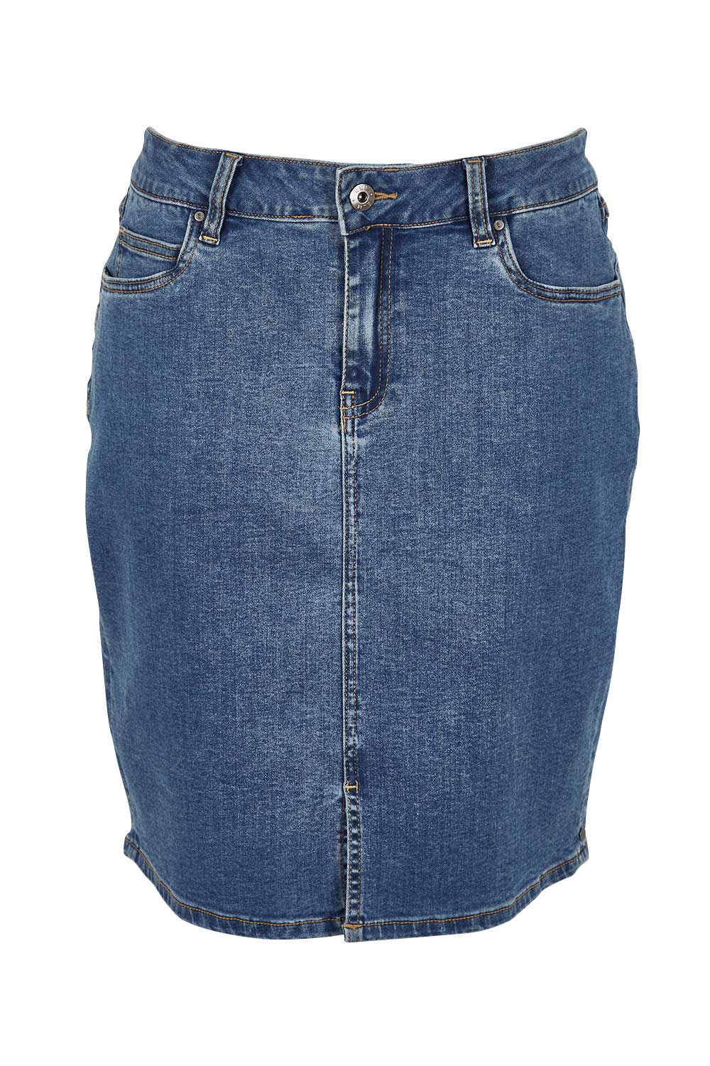 Product shot of the Chloe Denim Skirt in colour Midblue (Blue), from the front