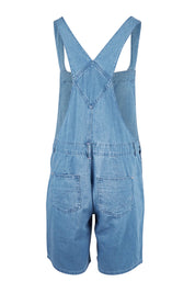 Product shot of the Maltilda Short Denim Overalls in colour Midblue (Blue), from the back