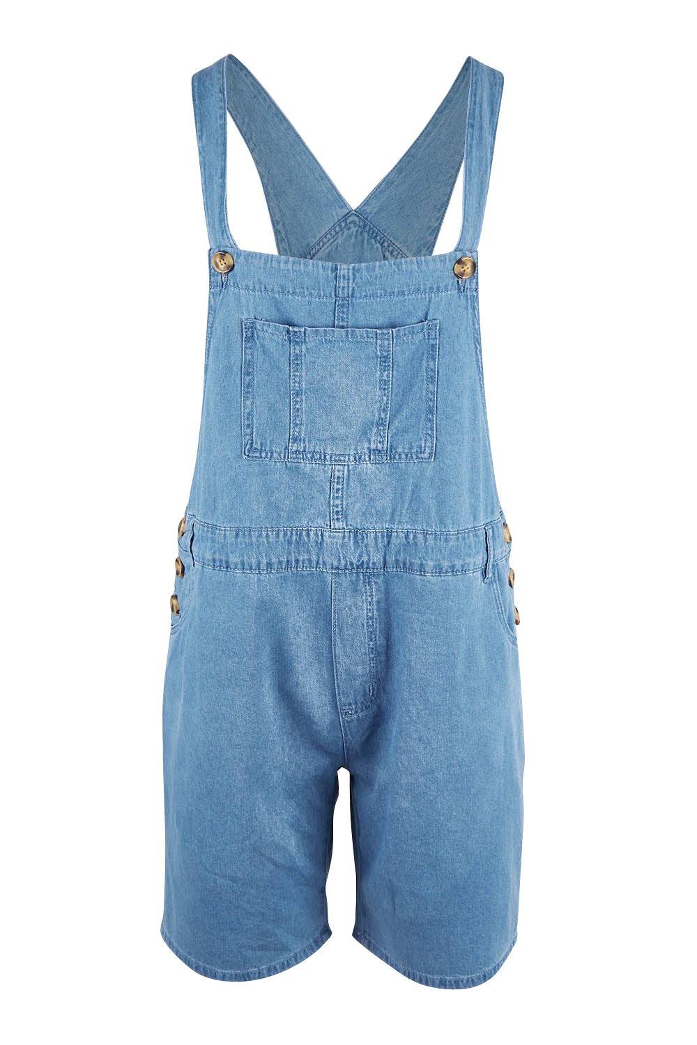 Product shot of the Maltilda Short Denim Overalls in colour Midblue (Blue), from the front
