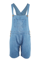 Product shot of the Maltilda Short Denim Overalls in colour Midblue (Blue), from the front