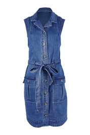 Product shot of the Daisy Denim Dress in colour Bluewash (Blue), from the front