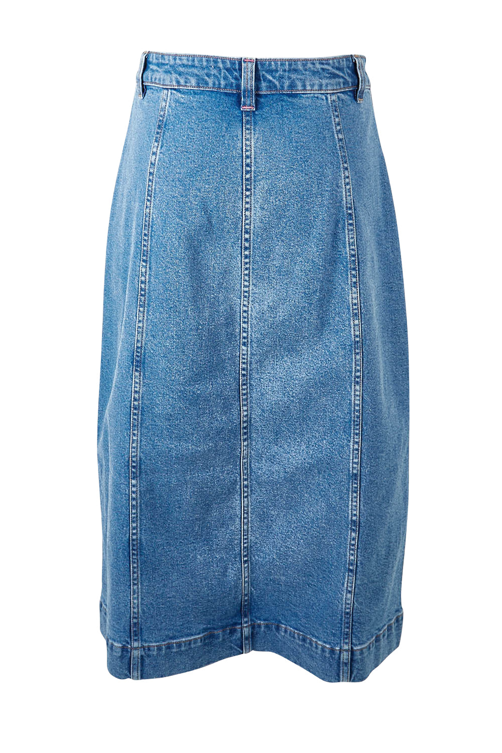 Product shot of the Florence Button Through Skirt in colour Midblue (Blue), from the back