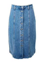 Product shot of the Florence Button Through Skirt in colour Midblue (Blue), from the front