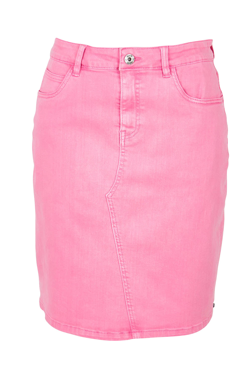Product shot of the Belle Denim Skirt in colour Strawberry (Pink), from the front