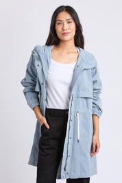 A model wearing the Bennett Denim Parker in colour Bluewhite (Blue), from the front, cropped image